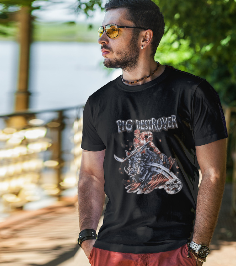 Pig Destroyer Skeleton Hockey Player Riding Wild Boar Skull Puck T-Shirt
