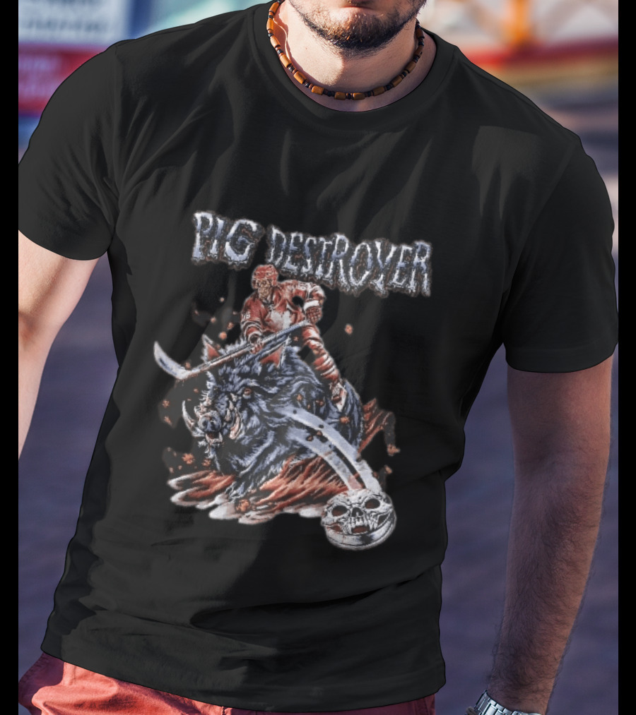 Pig Destroyer Skeleton Hockey Player Riding Wild Boar Skull Puck T-Shirt