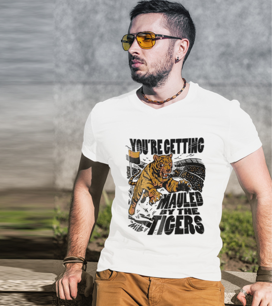 You're Getting Mauled By The Tigers Leaping Aggressive Stadium Crowd Corner Flag Woodcut T-Shirt