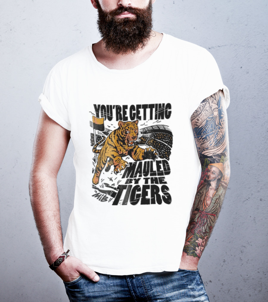 You're Getting Mauled By The Tigers Leaping Aggressive Stadium Crowd Corner Flag Woodcut T-Shirt
