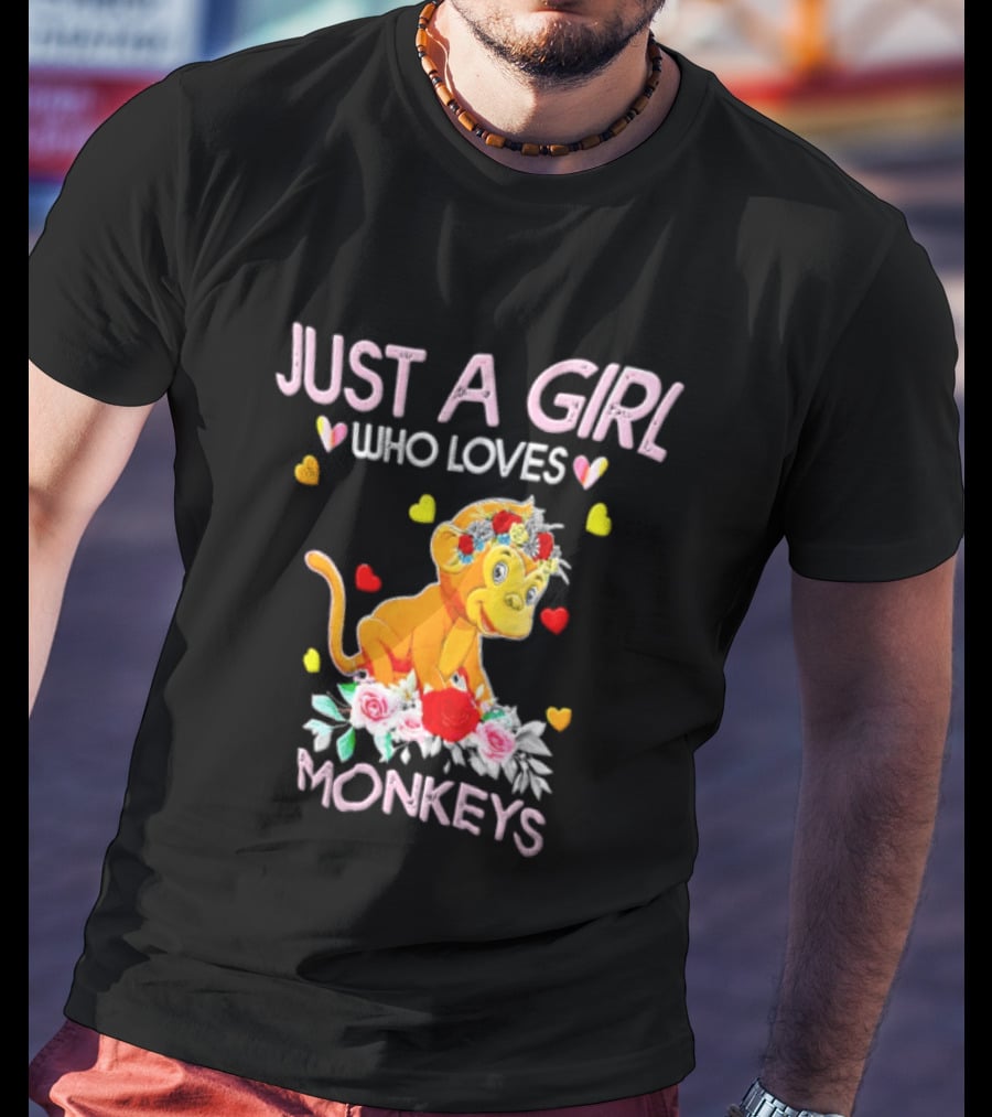 Just A Girl Who Loves Monkeys With Hearts And Flowers T-Shirt