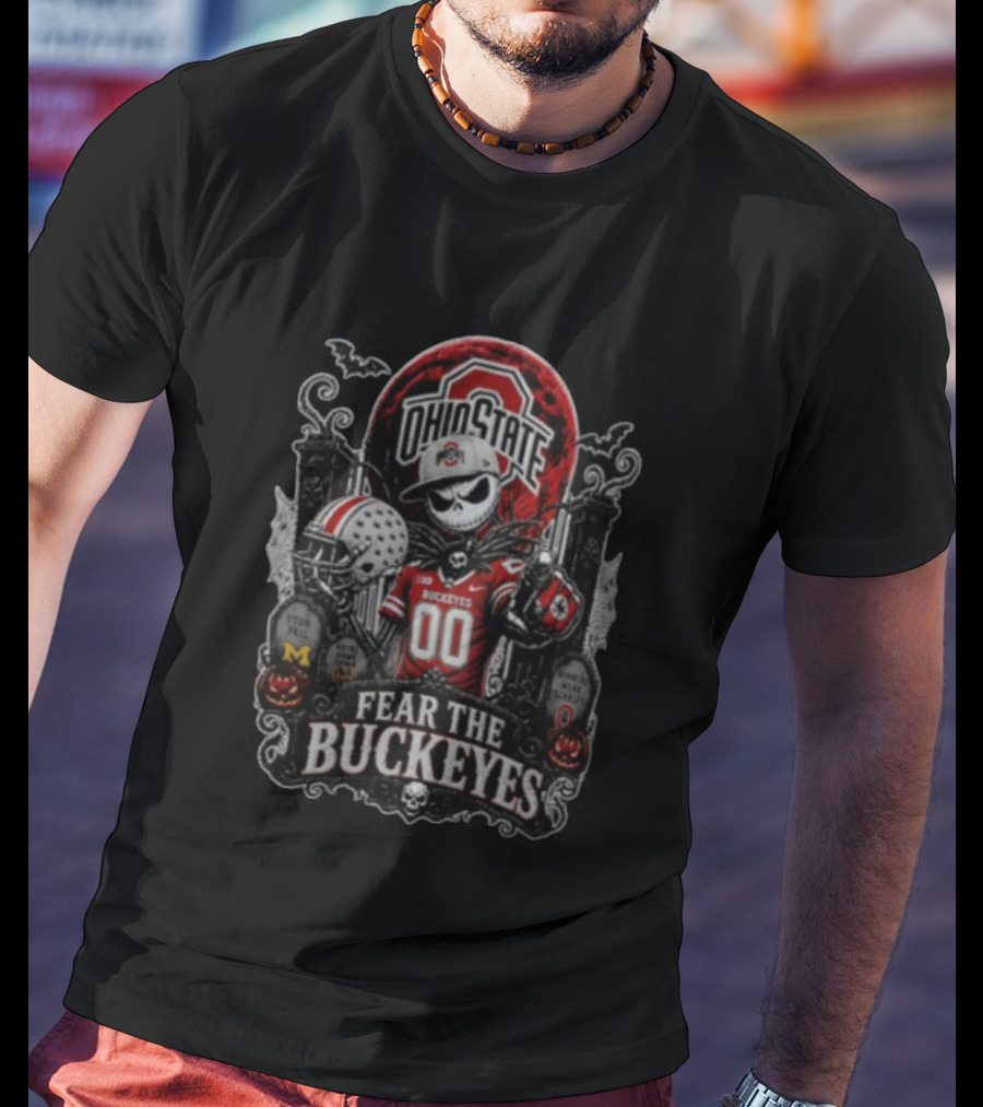 Ohio State Fear The Buckeyes Jack Skellington Halloween Skeleton Football Pumpkins Gravestones T-Shirt