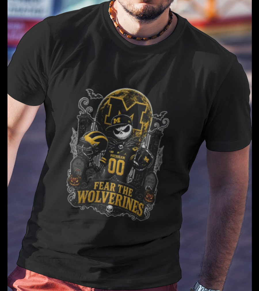 Fear The Michigan Wolverines Jack Skellington Halloween Skeleton Graveyard Tombstones Pumpkins Bats T-Shirt