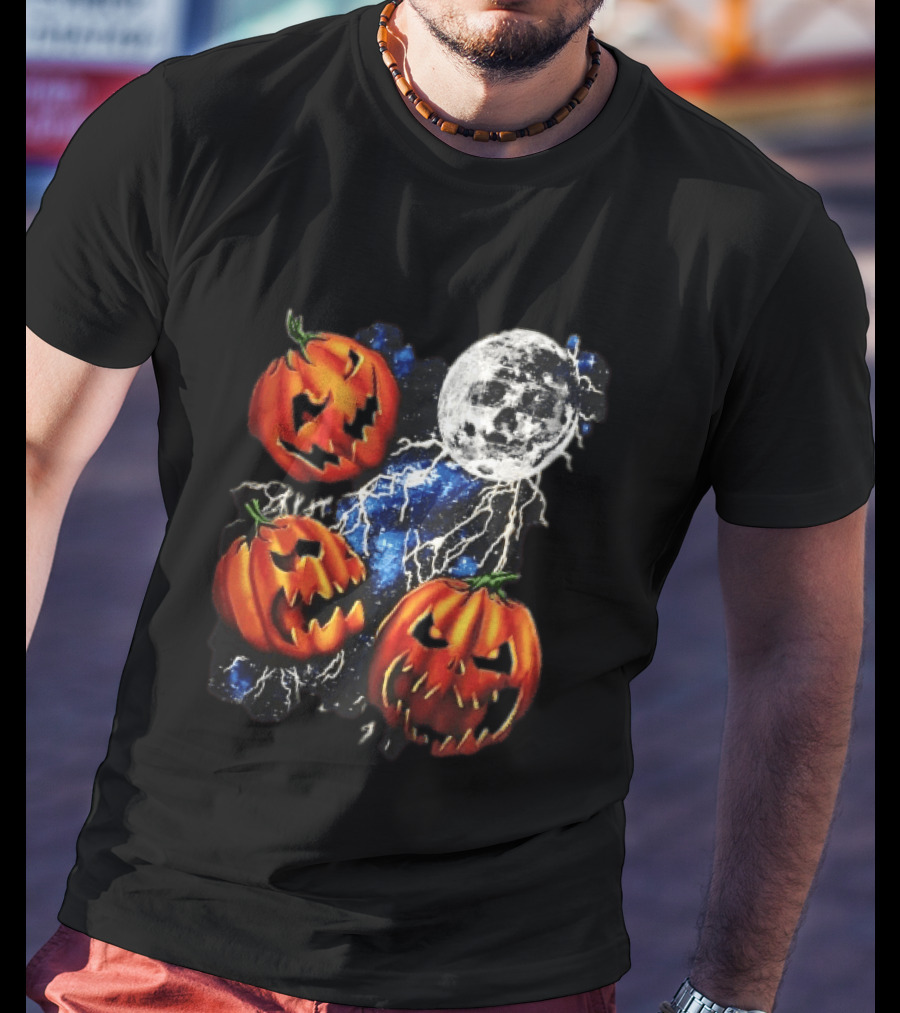 Halloween Pumpkins Skull Moon Lightning T-Shirt