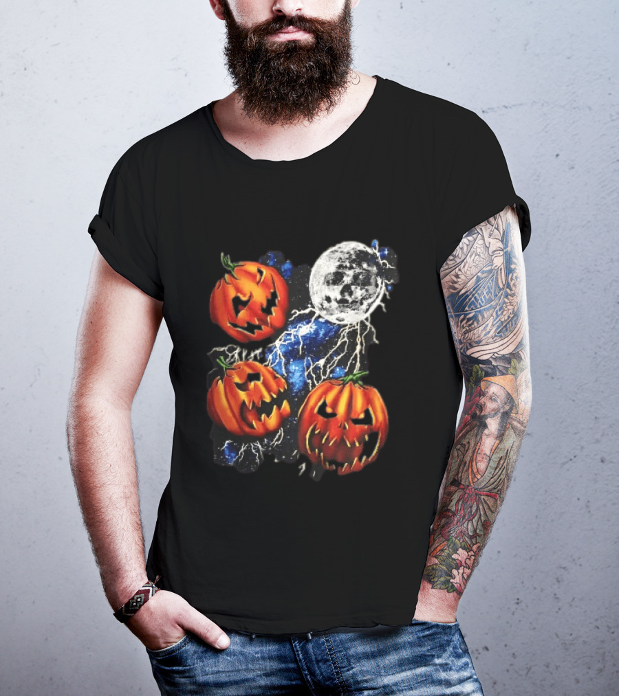 Halloween Pumpkins Skull Moon Lightning T-Shirt
