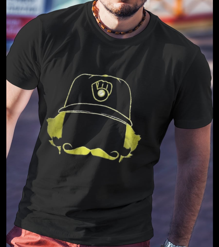 Milwaukee Brewers Iconic Logo Hat Mustache Hair T-Shirt