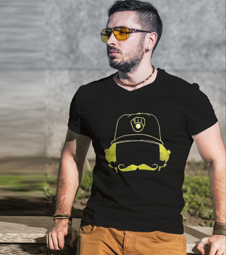 Milwaukee Brewers Iconic Logo Hat Mustache Hair T-Shirt