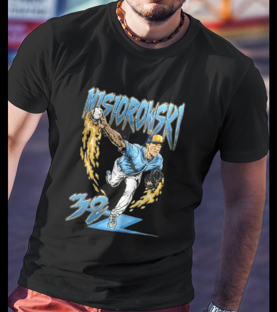 Misiorowski 32 Baseball Pitcher Throwing Flaming Ball In Action T-Shirt