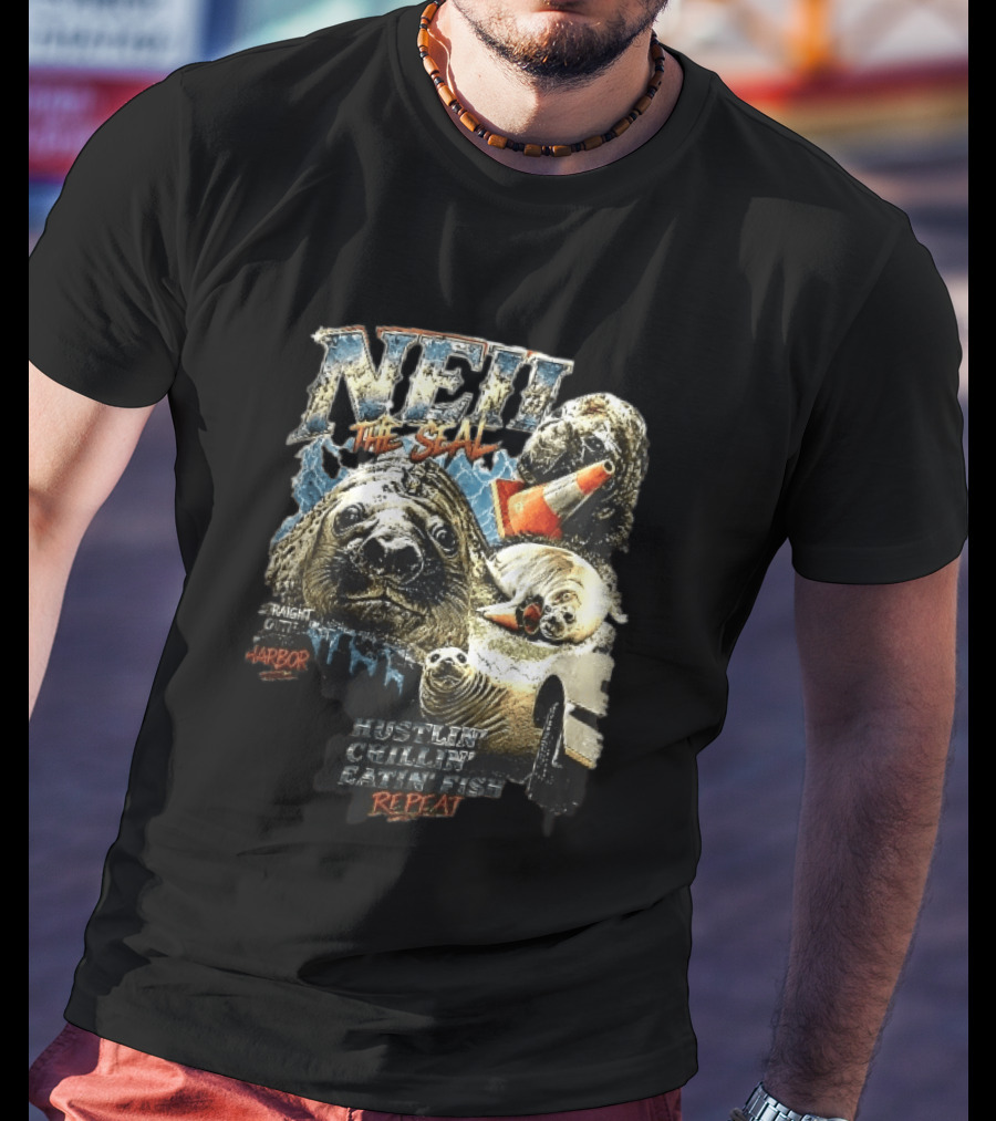 Neil The Seal Hustler Chillin Eating Fish Harbor Animal Warning Cone Repeat T-Shirt