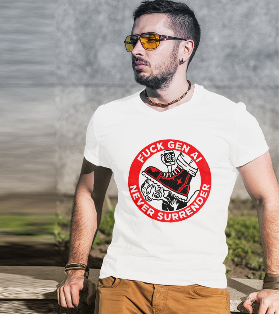 Fuck Gen AI Never Surrender Boot And Fist Circle T-Shirt
