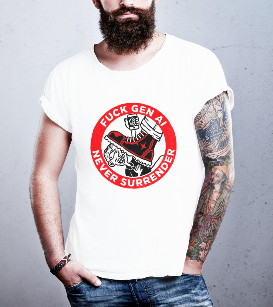 Fuck Gen AI Never Surrender Boot And Fist Circle T-Shirt