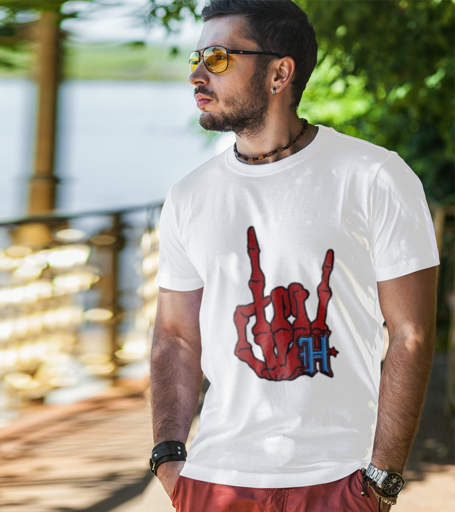 Red Skeleton Hand Sign With Blue H T-Shirt