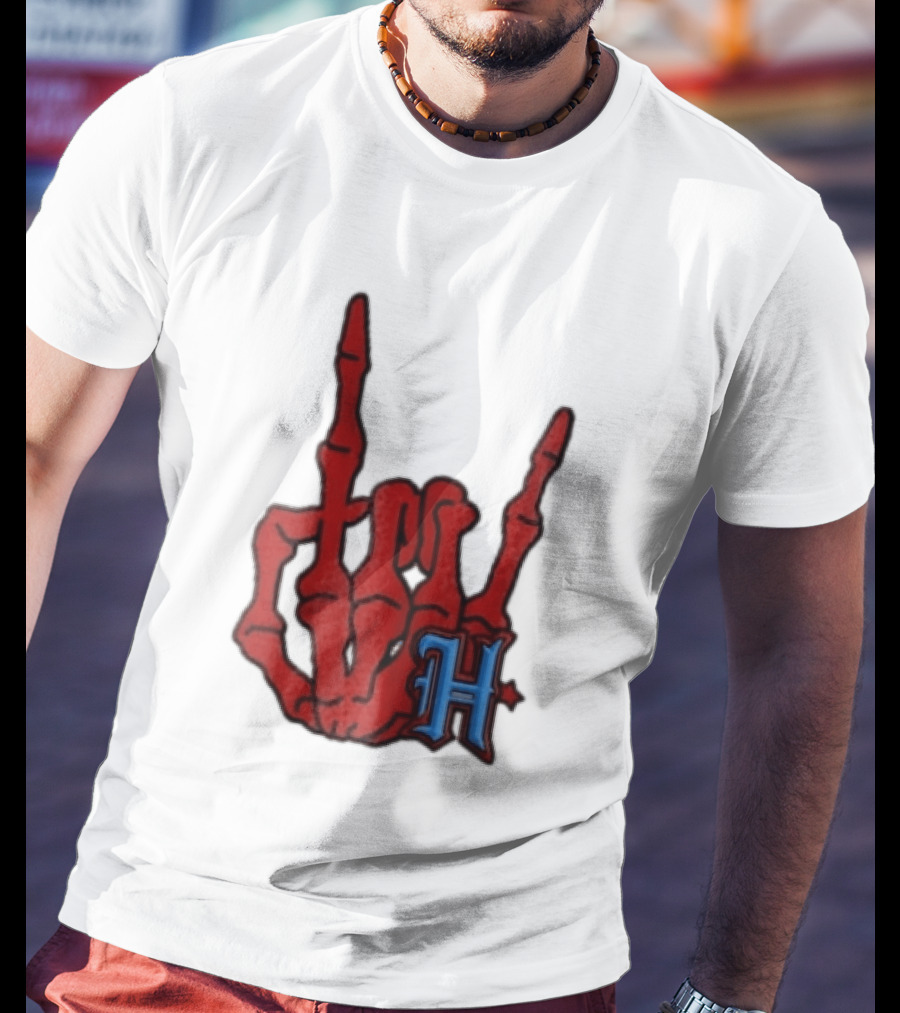 Red Skeleton Hand Sign With Blue H T-Shirt