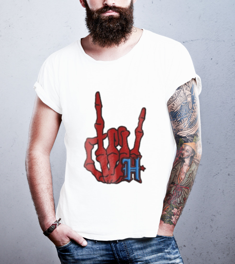 Red Skeleton Hand Sign With Blue H T-Shirt