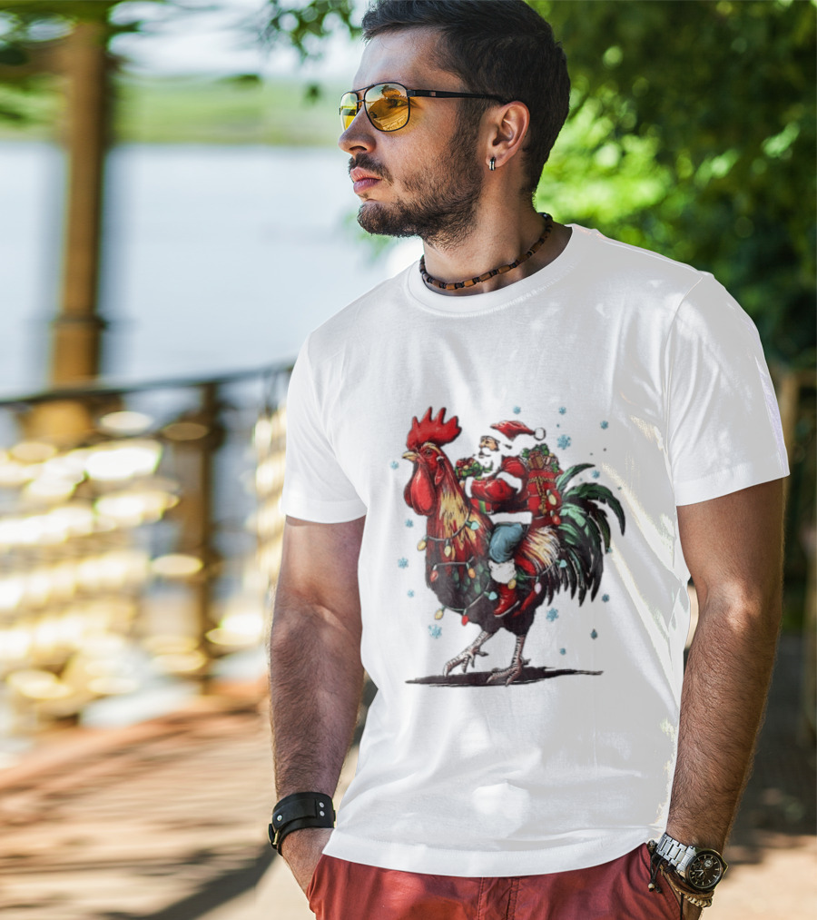 Caricature Santa Riding Rooster With Christmas Presents And Snowflakes T-Shirt