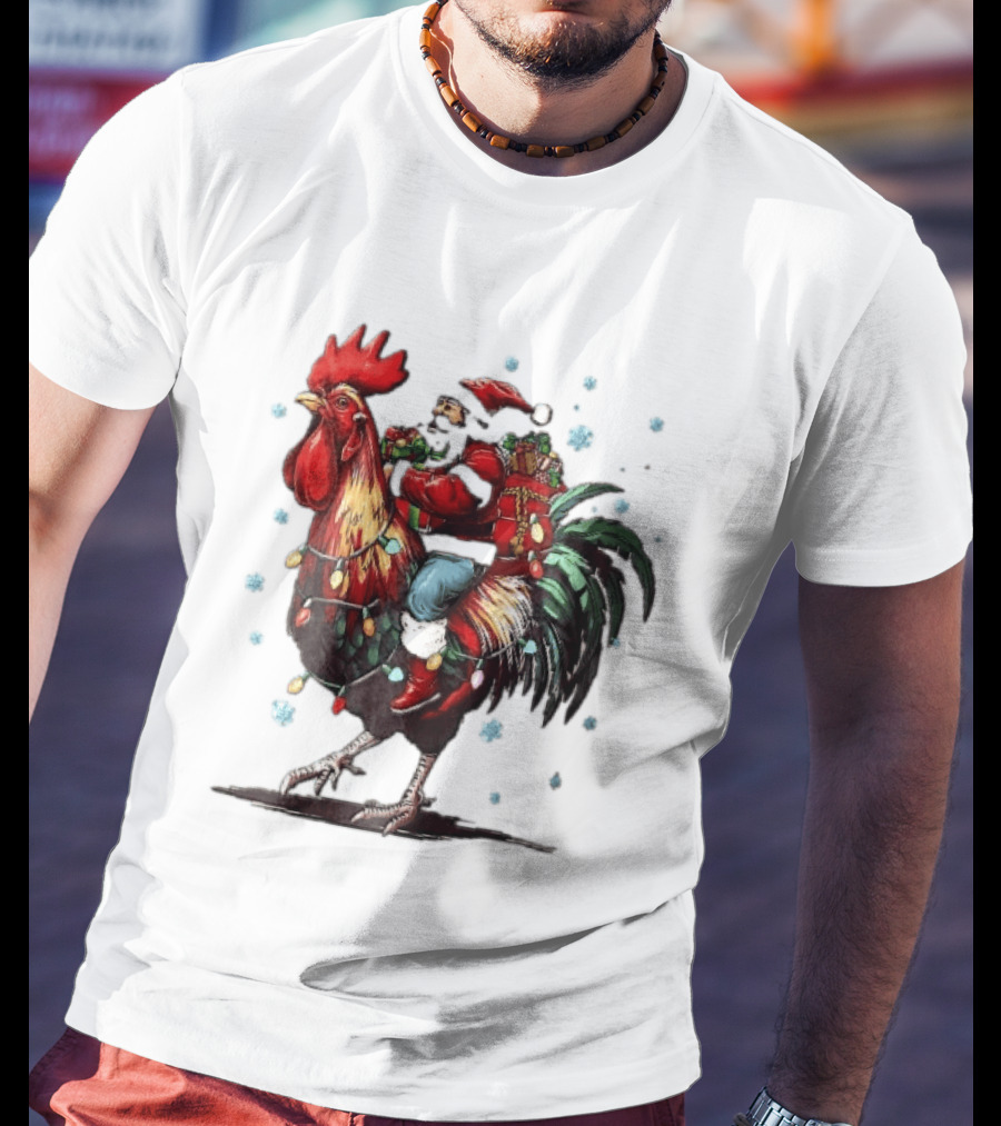 Caricature Santa Riding Rooster With Christmas Presents And Snowflakes T-Shirt