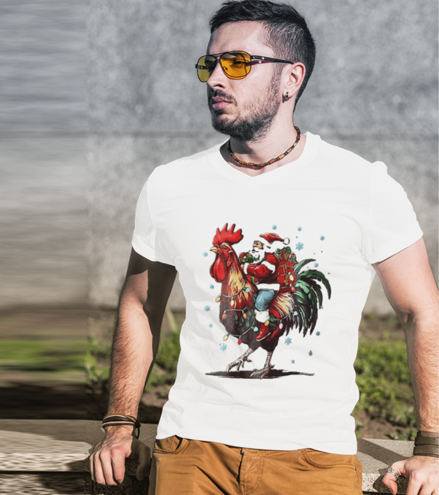 Caricature Santa Riding Rooster With Christmas Presents And Snowflakes T-Shirt