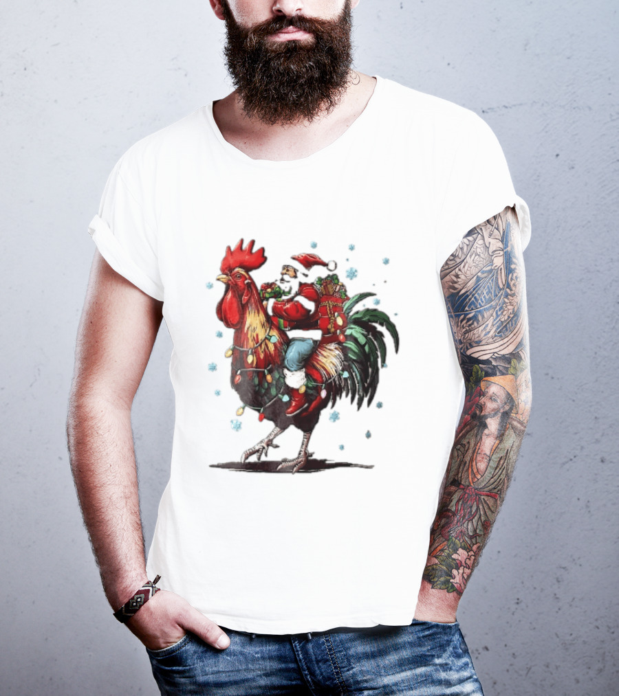 Caricature Santa Riding Rooster With Christmas Presents And Snowflakes T-Shirt