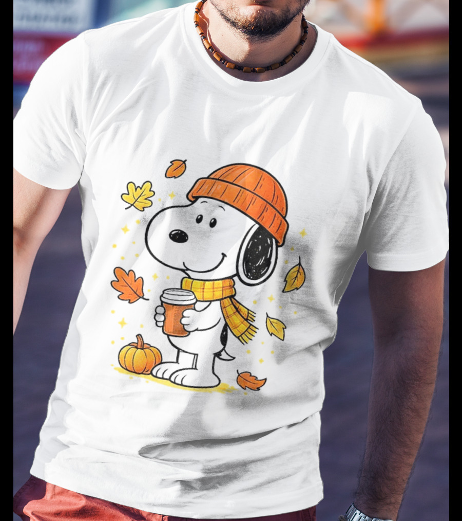 Snoopy Fall Autumn Coffee Pumpkin Leaves Warm Scarf Beanie Hat T-Shirt