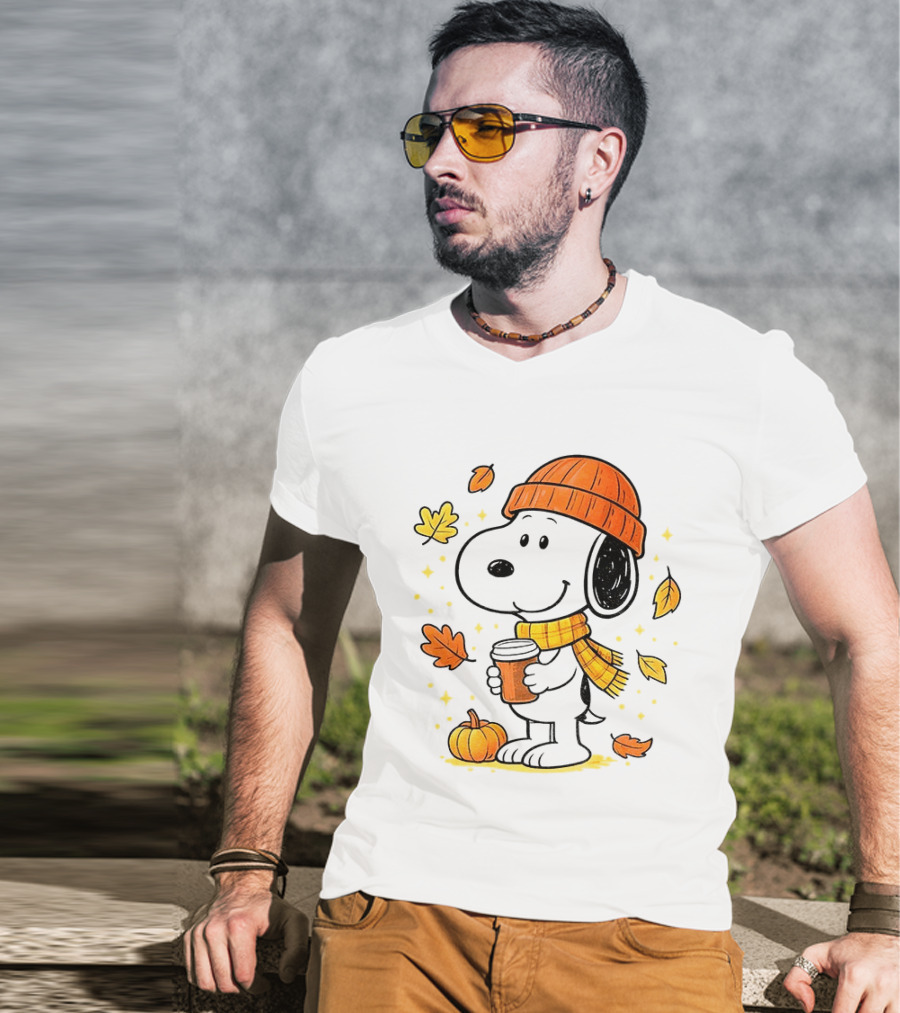 Snoopy Fall Autumn Coffee Pumpkin Leaves Warm Scarf Beanie Hat T-Shirt