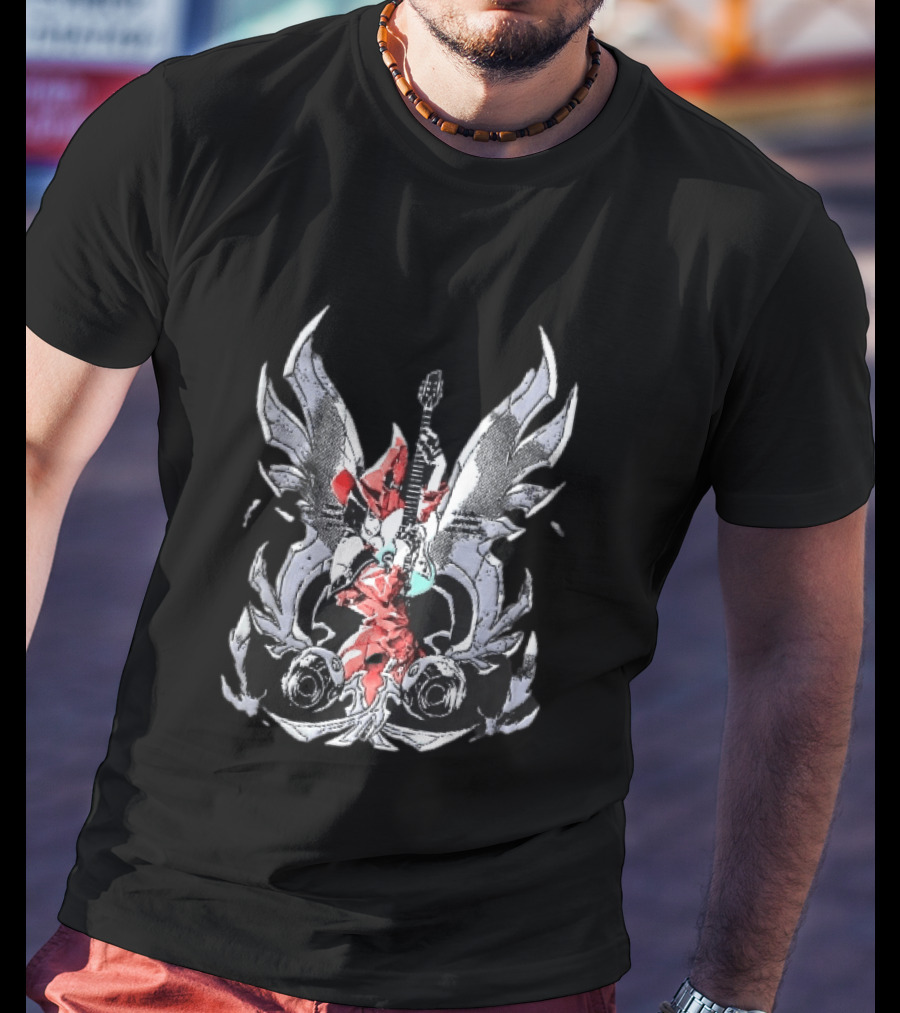 Anime Girl With Wings Holding Guitar Angelic Rock Star Fantasy T-Shirt
