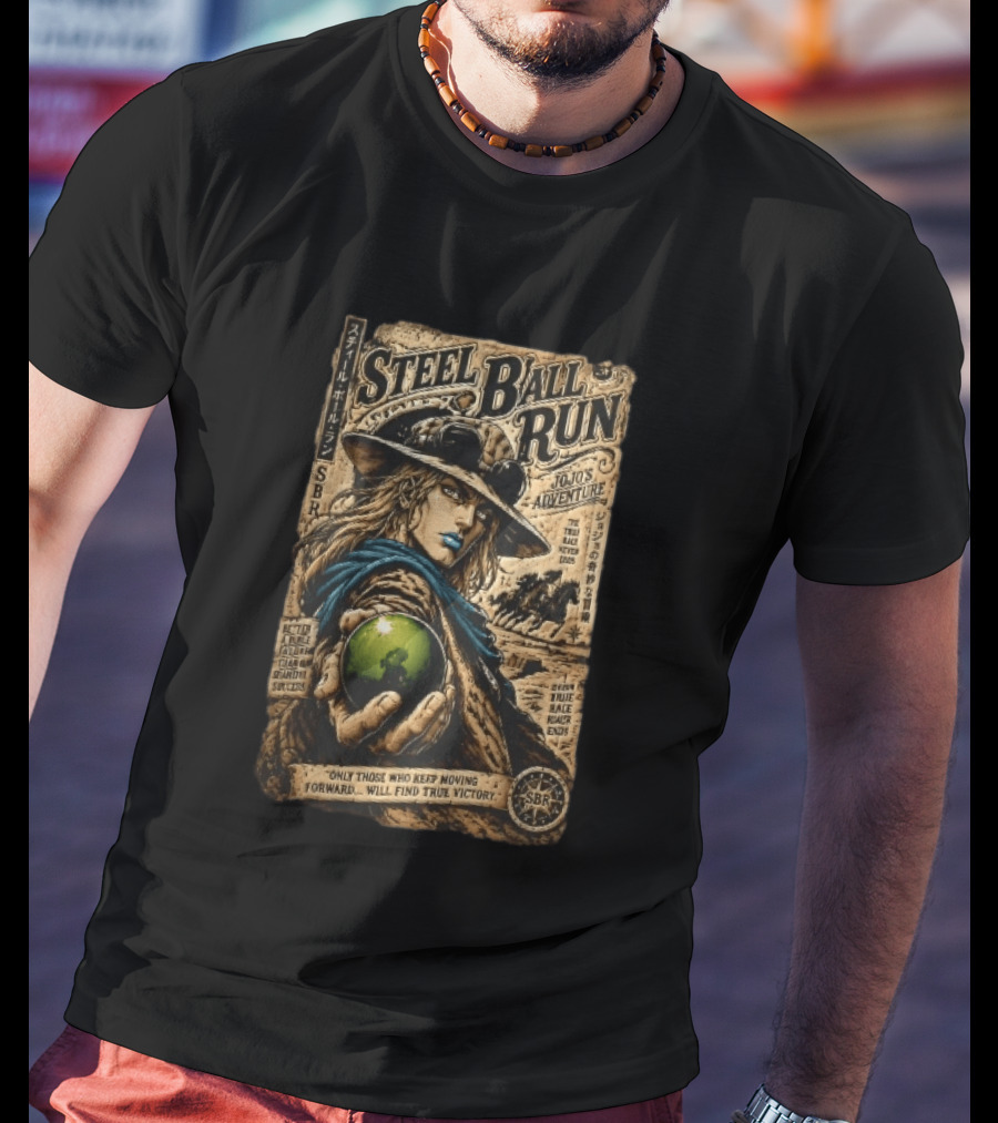 Steel Ball Run Jojo's Adventure Gyro Zeppeli Holding Steel Ball Desert Motif SBR True Man's World Ends Victory T-Shirt