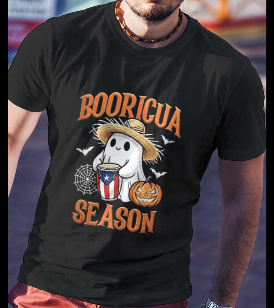 Booricua Season Ghost With Puerto Rico Flag Conga And Pumpkin T-Shirt