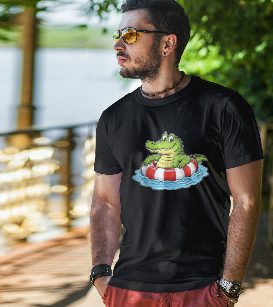 Cartoon Crocodile Relaxing In Red And White Life Buoy On Water T-Shirt