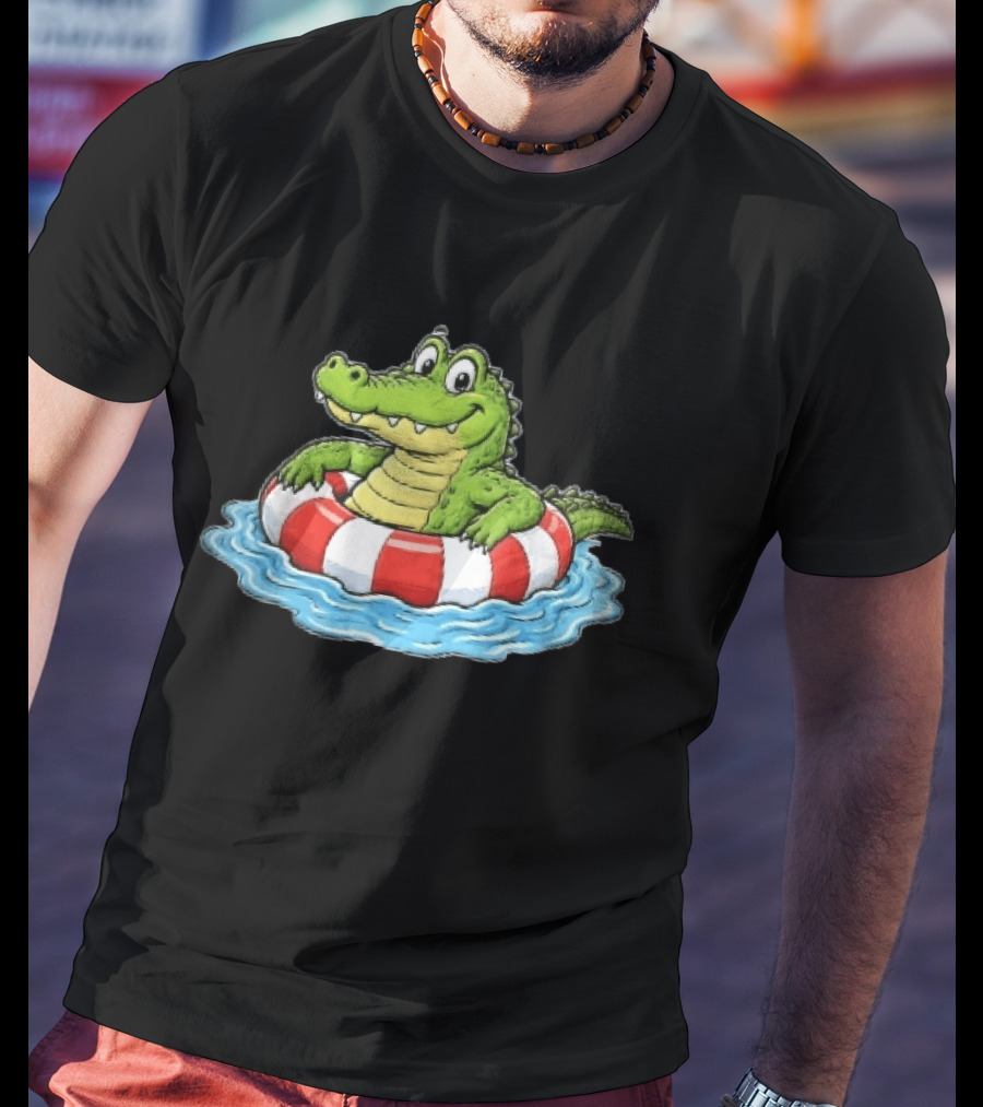 Cartoon Crocodile Relaxing In Red And White Life Buoy On Water T-Shirt
