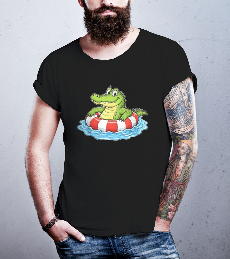 Cartoon Crocodile Relaxing In Red And White Life Buoy On Water T-Shirt