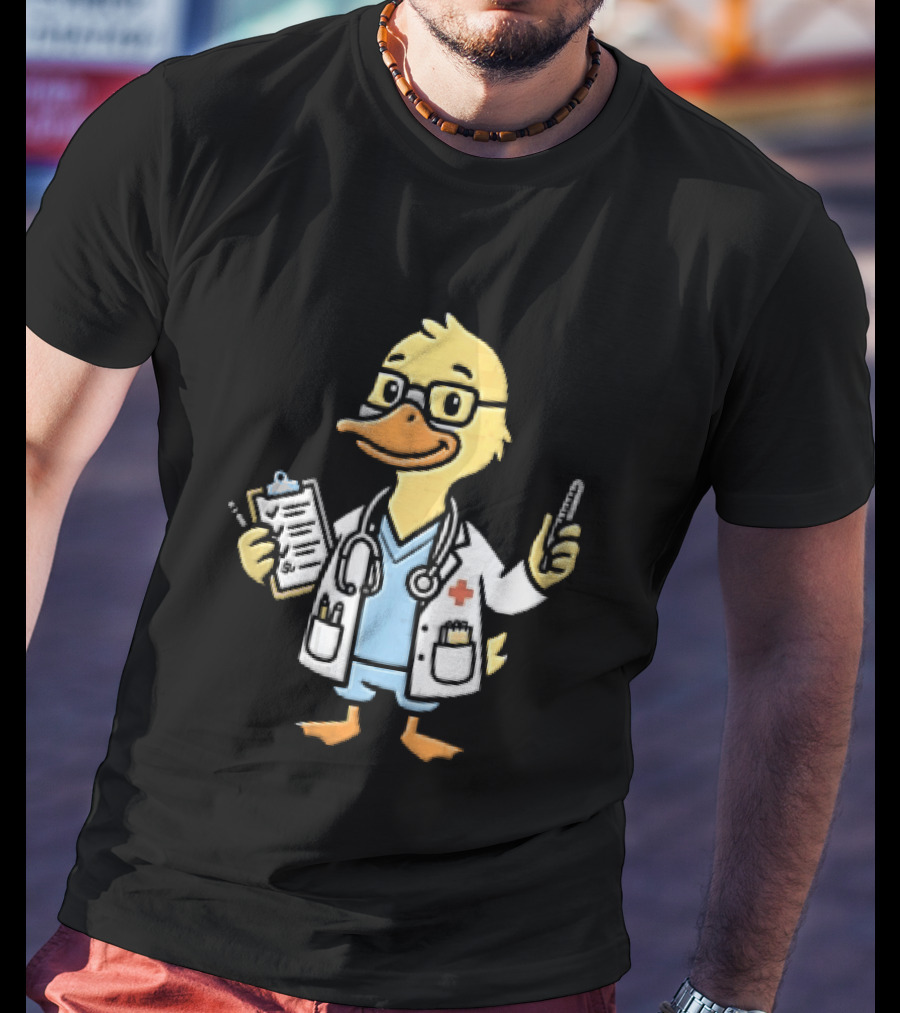 Cartoon Yellow Duck Doctor With Stethoscope Thermometer And Clipboard T-Shirt