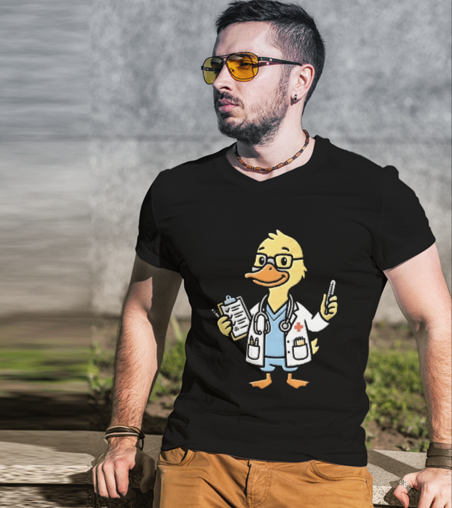 Cartoon Yellow Duck Doctor With Stethoscope Thermometer And Clipboard T-Shirt
