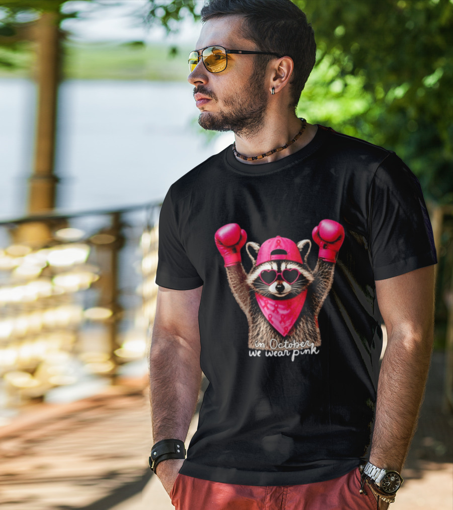 In October We Wear Pink Raccoon Breast Cancer Support Squad Boxing Gloves And Heart Glasses T-Shirt