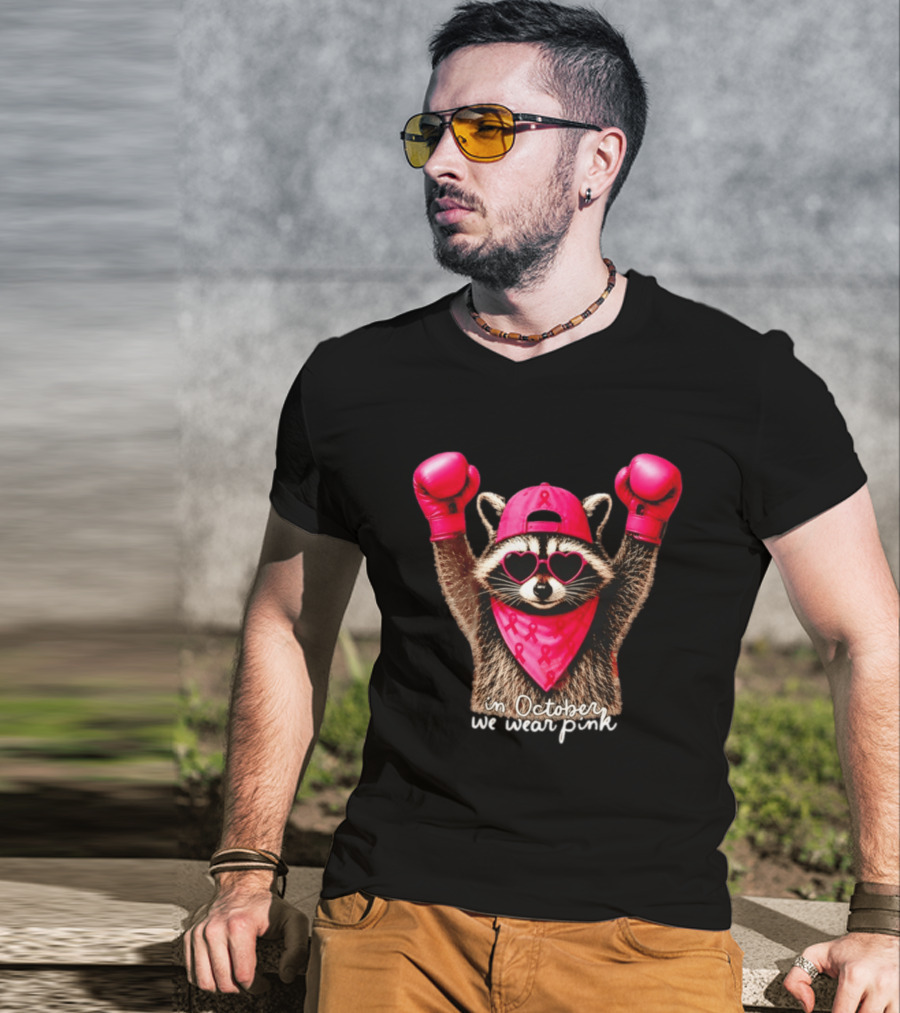 In October We Wear Pink Raccoon Breast Cancer Support Squad Boxing Gloves And Heart Glasses T-Shirt