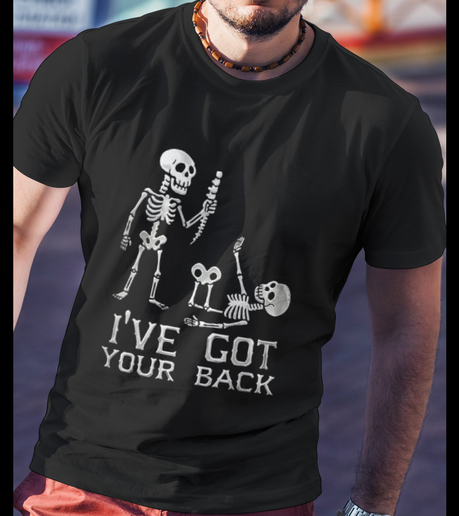 I've Got Your Back Skeleton Humor Holding Spine Over Fallen Body T-Shirt