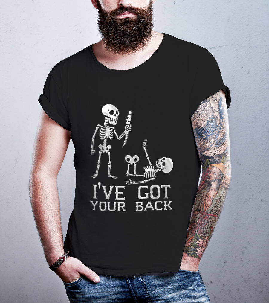 I've Got Your Back Skeleton Humor Holding Spine Over Fallen Body T-Shirt