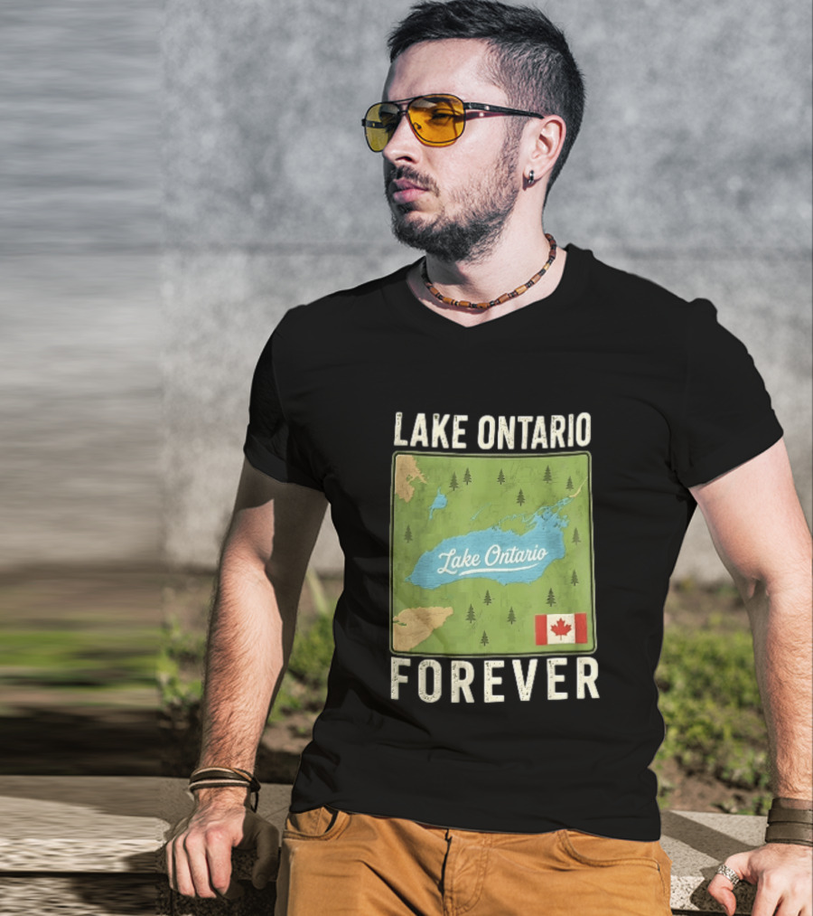 Lake Ontario Forever Distressed Map With Canadian Flag And Pine Trees T-Shirt