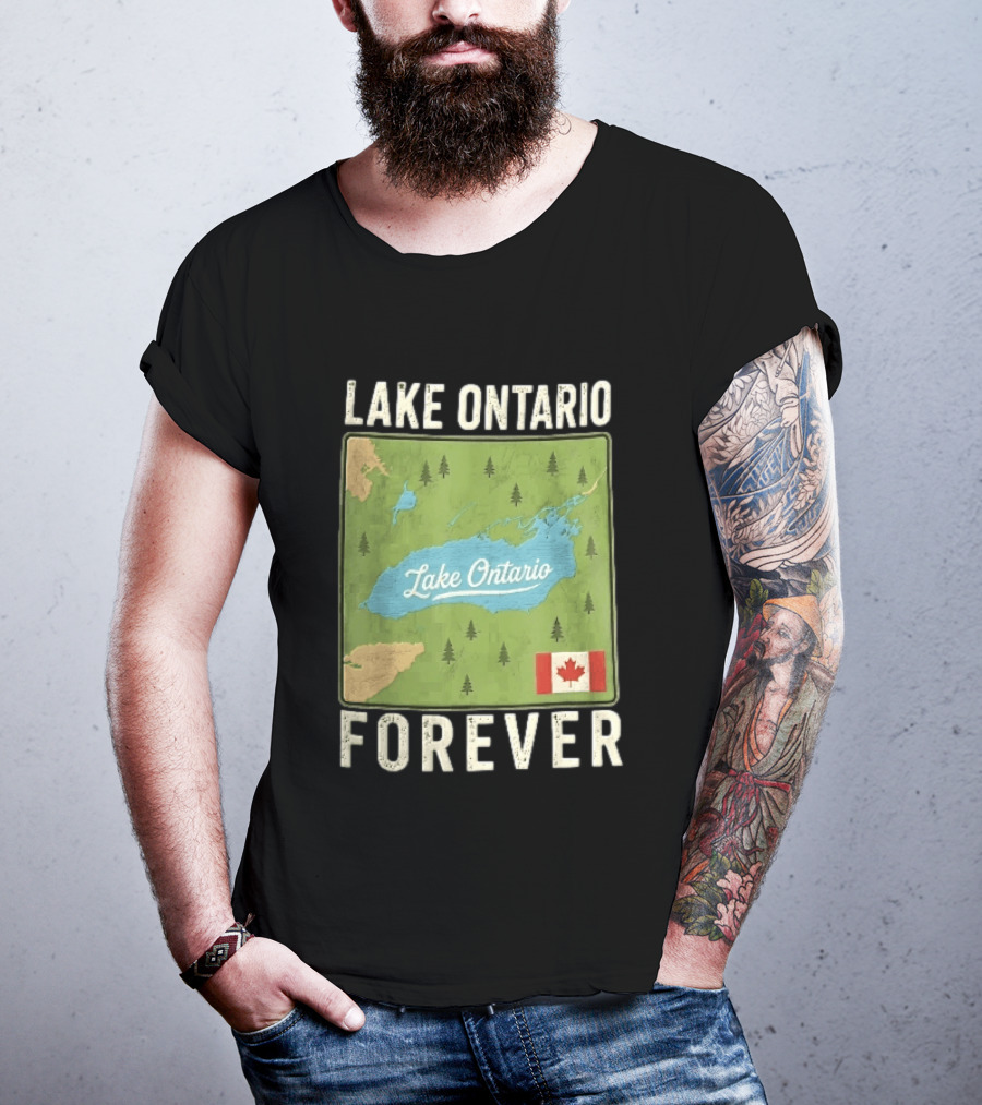 Lake Ontario Forever Distressed Map With Canadian Flag And Pine Trees T-Shirt