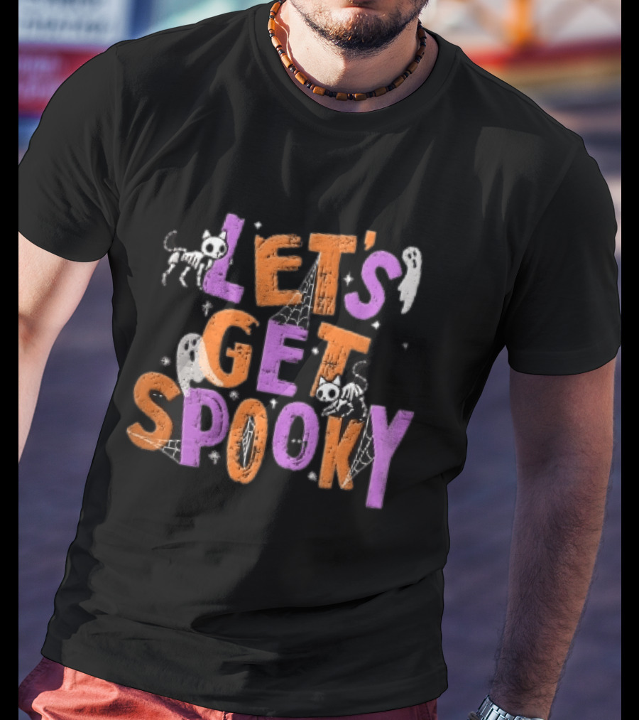 Let's Get Spooky Skeleton Cats Ghosts Spiderwebs Halloween T-Shirt