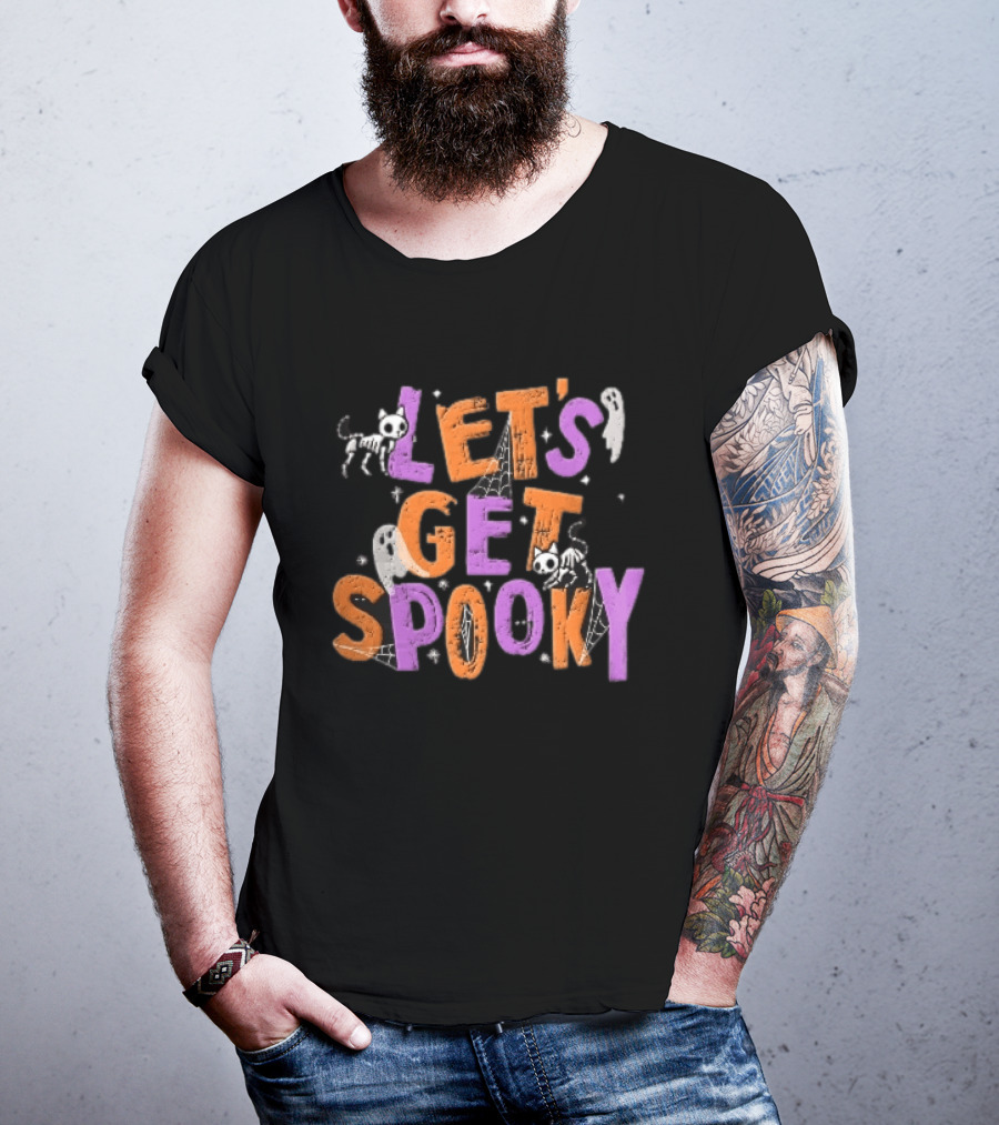 Let's Get Spooky Skeleton Cats Ghosts Spiderwebs Halloween T-Shirt
