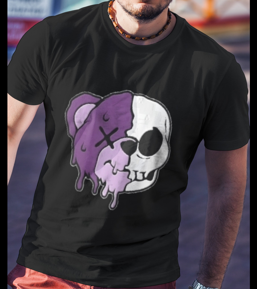 Dripping Purple Teddy Bear Skull Split Face Cartoon T-Shirt