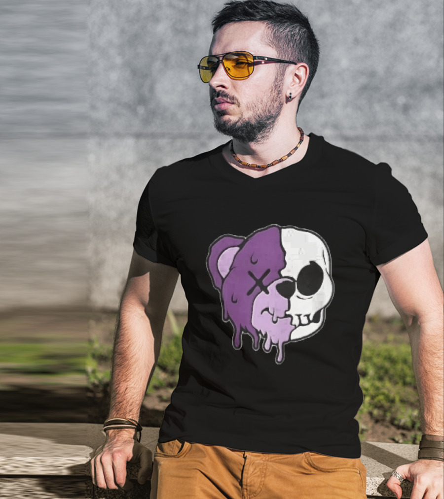 Dripping Purple Teddy Bear Skull Split Face Cartoon T-Shirt