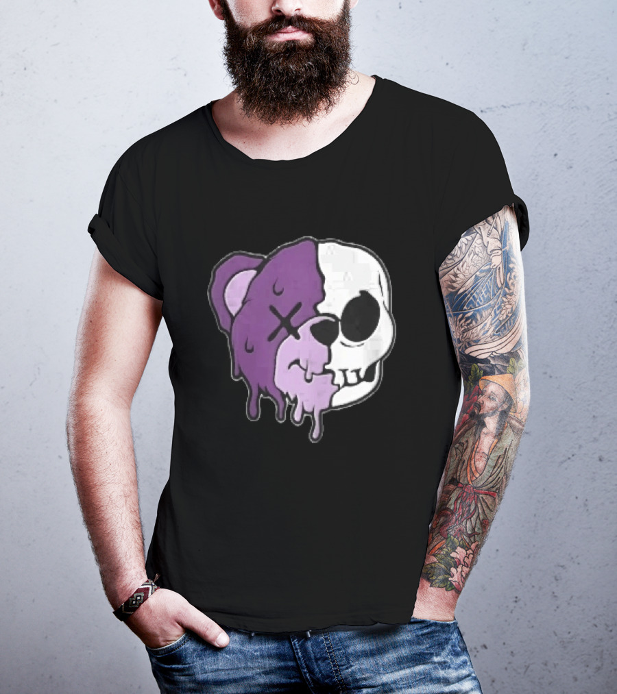 Dripping Purple Teddy Bear Skull Split Face Cartoon T-Shirt