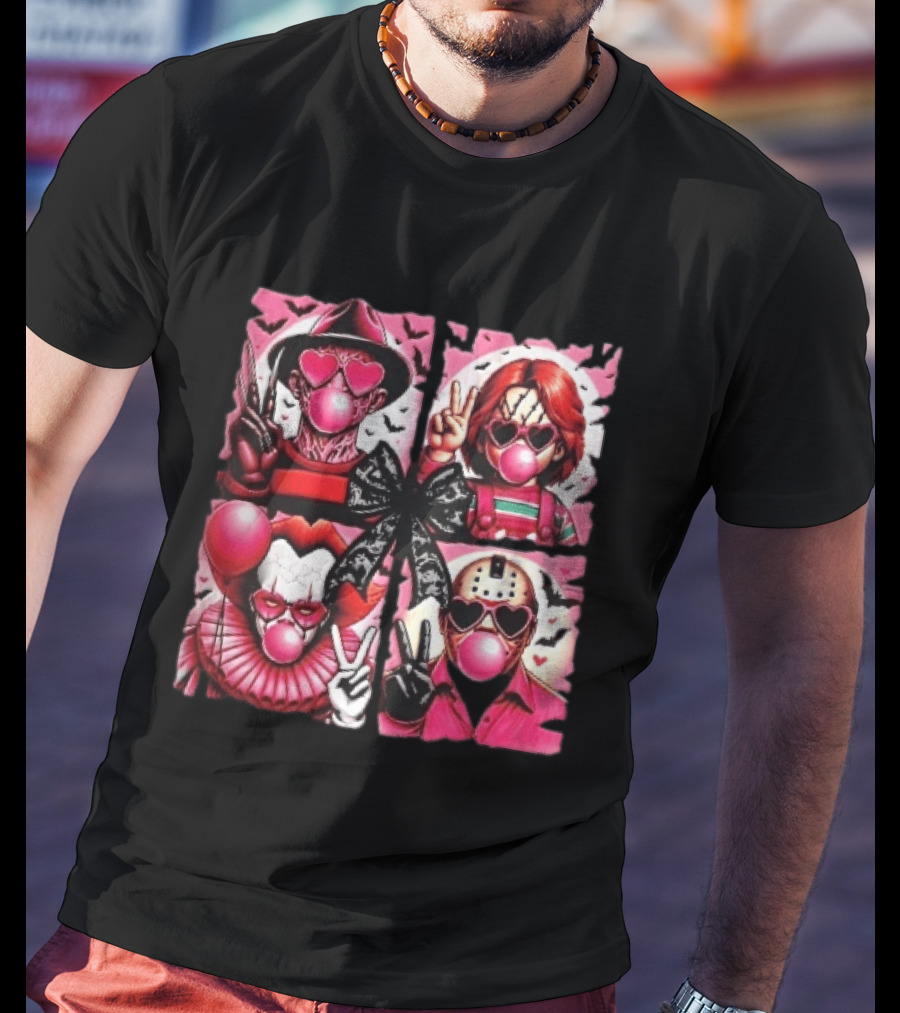 Heart Sunglasses Bubblegum Horror Villains With Peace Signs And Lace Bow T-Shirt