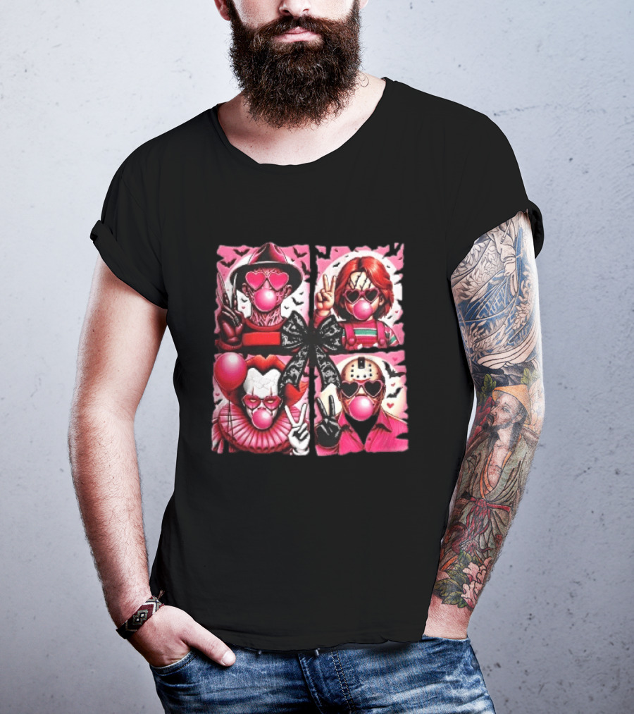 Heart Sunglasses Bubblegum Horror Villains With Peace Signs And Lace Bow T-Shirt