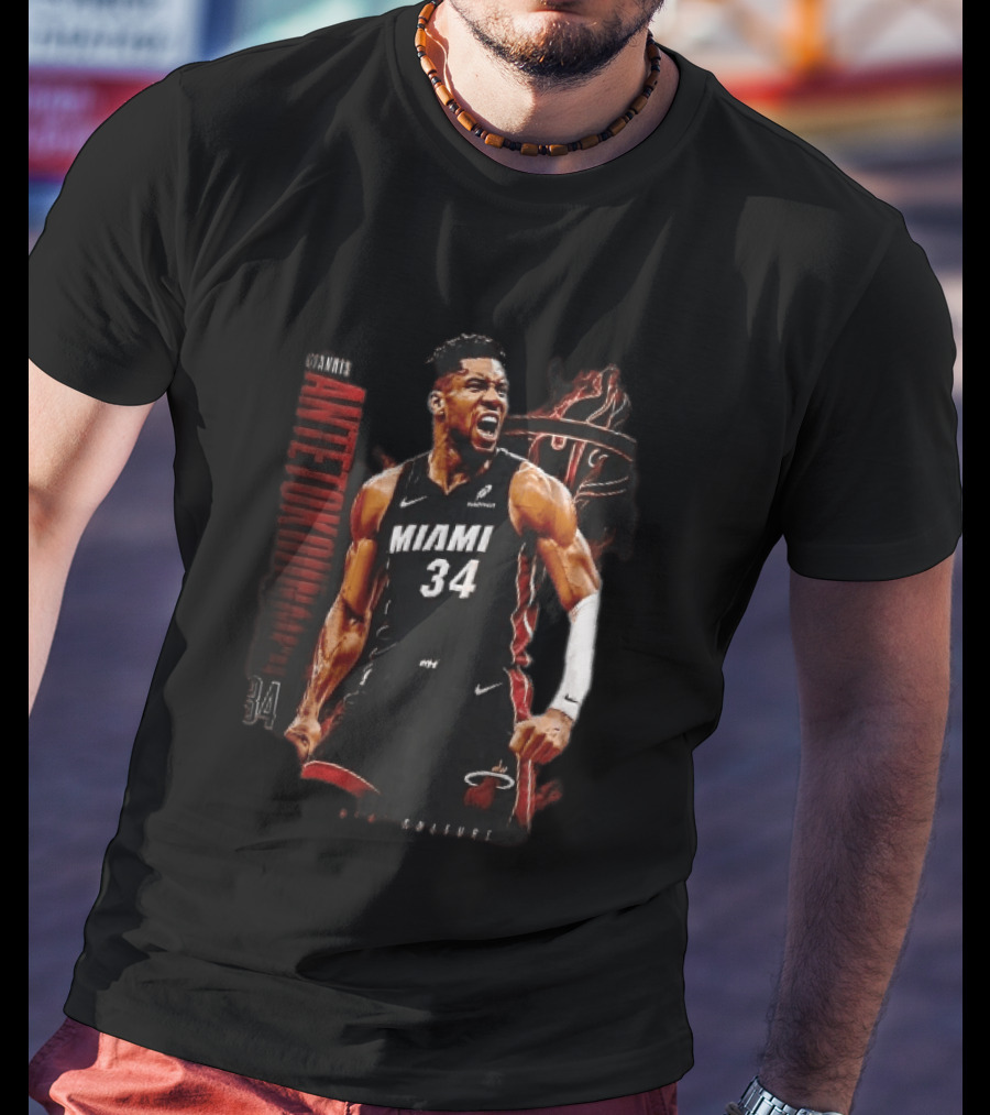 Miami Heat Giannis Antetokounmpo Yelling Flames Photomontage NBA Culture T-Shirt