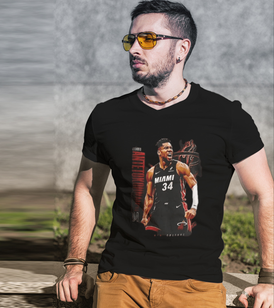 Miami Heat Giannis Antetokounmpo Yelling Flames Photomontage NBA Culture T-Shirt