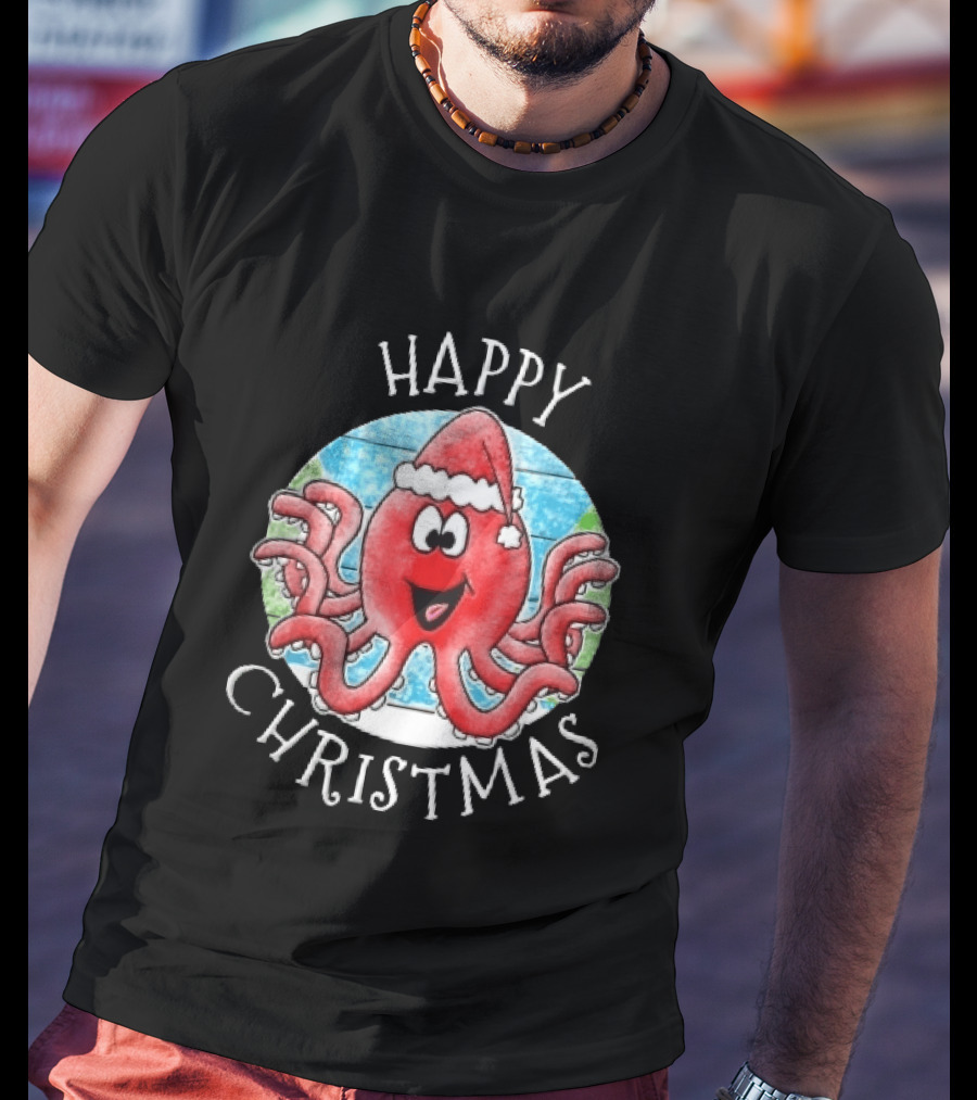 Happy Christmas Red Octopus Santa Hat Ocean Scene T-Shirt