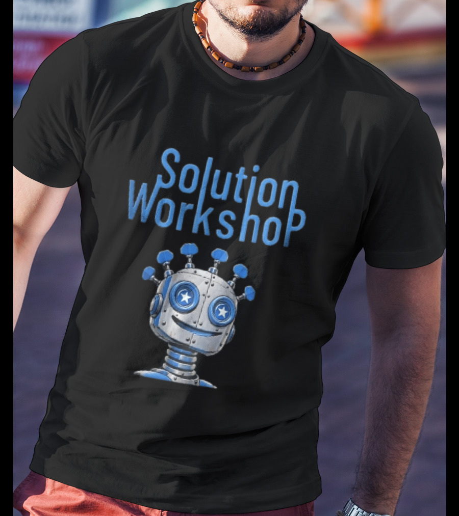 Solution Workshop Cartoon Metallic Robot Head With Star Eyes And Guitar Tuning Pegs T-Shirt