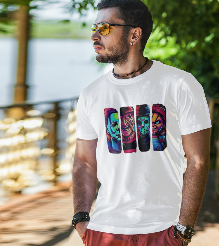 Fluorescent Horror Movie Slasher Faces Vertical Panels T-Shirt